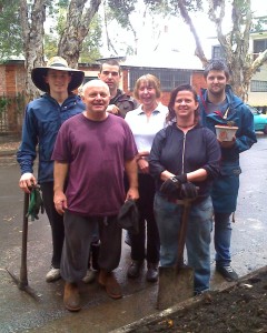 Raised bed gardeners, L to R: Zac, me, Sam, Helen, Rachel, Luke (holding a pot of Herb Robert)