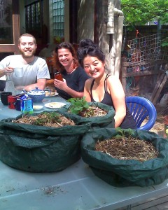We put some mulch in the potato sacks L to R: Xavier, Rachel, Karlie