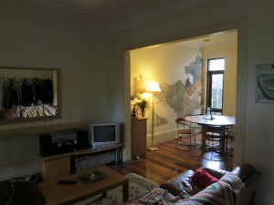 Lounge room, lovely lamp, camphor laurel table, history wall