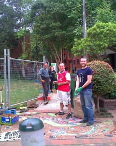 Working on compost bins in Peace Park today: L to R: John, Beth, Paul, Xavier